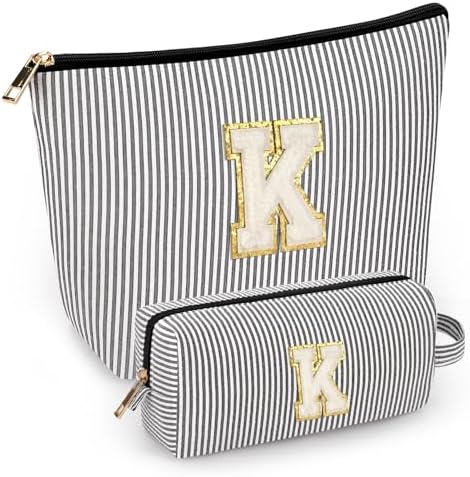 2 PCS Initial Makeup Bags for Women: Cosmetic Bag for Travel Toiletry - Birthday Gifts for 11 12 13 14 15 16 17 18 Years Old Girl Graduation Teacher Gift- Teen Girl Gifts Trendy Stuff - Black K by mibasies
