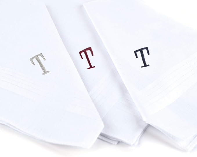Initial Handkerchief for Men, Monogrammed Boxed 3 Piece Set,100% Cotton