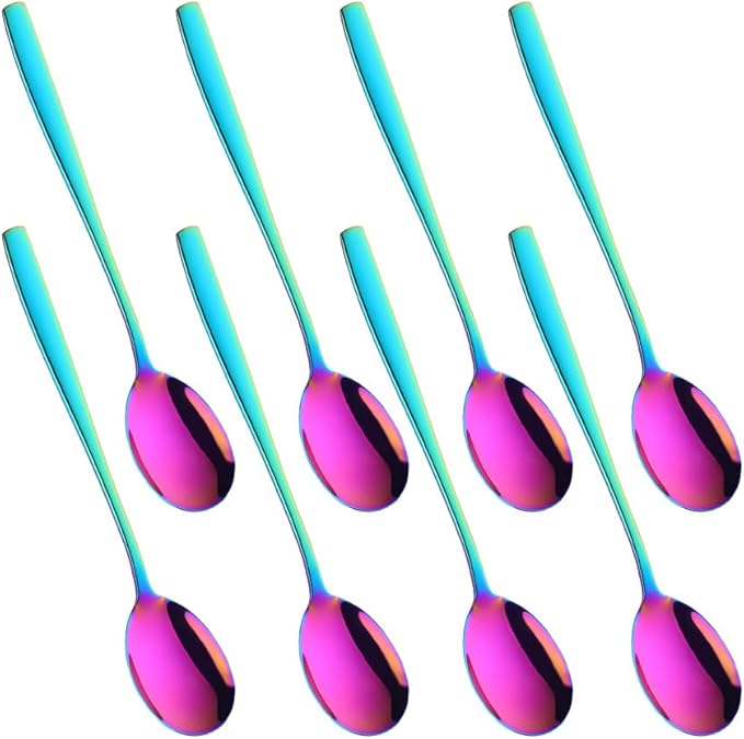 Metal Round Spoons, 8 inch Stainless Steel Reusable Long Handle Korean Soup Spoons, Table Dinner Desert Spoon Set of 8