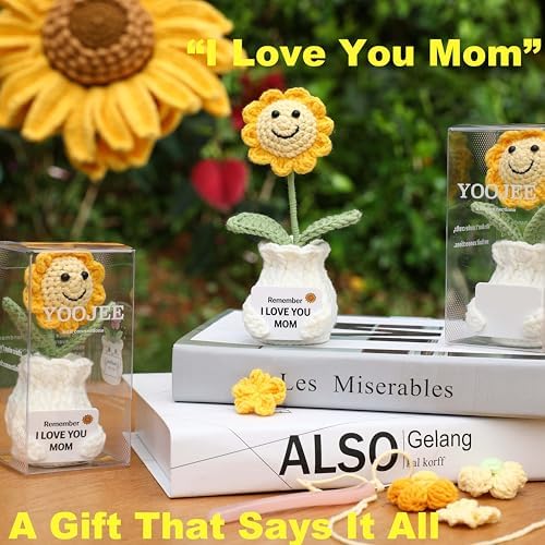 Crochet Sunflower Gift for Mom from Daughter Son, “I Love You Mom” Handmade Flower, Cute Desk Decor, Appreciation Ready-to-Gift with Box - Image 3