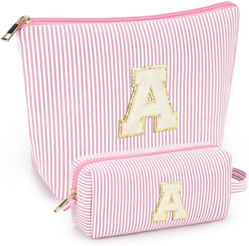2 PCS Initial Makeup Bags for Women: Cosmetic Bag for Travel Toiletry - Birthday Gifts for 11 12 13 14 15 16 17 18 Years Old Girl Graduation Teacher Gift- Teen Girl Gifts Trendy Stuff - Light Pink A by mibasies