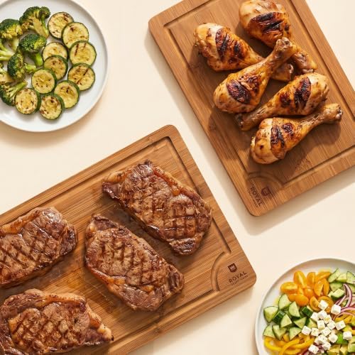 ROYAL CRAFT WOOD Wooden Cutting Boards for Kitchen Meal Prep & Serving - Bamboo Non Toxic Cutting Board Set with Deep Juice Groove Side Handles - Charcuterie & Chopping Butcher Block for Meat (2 Pcs) - Image 7