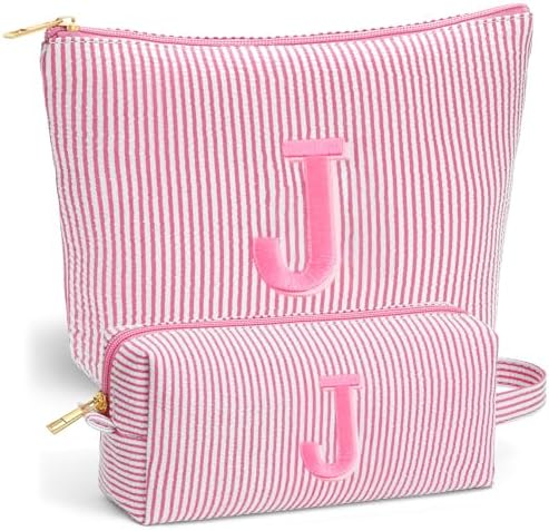 Travel Makeup Bag for Girls - Personalized Initial Pink Makeup Bag, Teen Girl Gifts Trendy Stuff, 6 7 8 9 10 11 12 Year Girl Birthday Gift, Christmas Gift for Girls Travel Essentials, Letter J by Fohufo