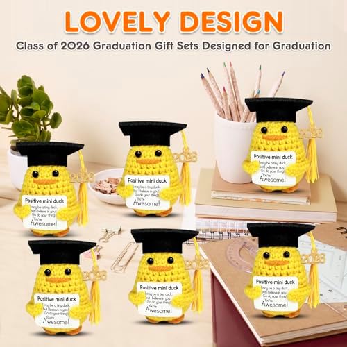 Graduation Gifts Set Class Of 2026，6 Pcs Positive Ducks With Grad Cap，Funny Gifts For High School College For Her Girls Him Boys，Handmade Inspiring Emotional Support Positive Crochet Animals (Duck) - Image 3
