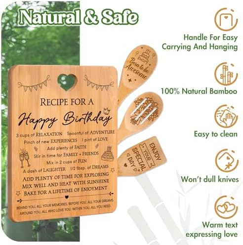 Birthday Gifts for Women - "Recipe for a Special Happy Birthday" Birthday Gifts for Men Cutting Board Set, Bamboo-Made Engraved Utensil Set Gifts for Women Birthday. - Image 6