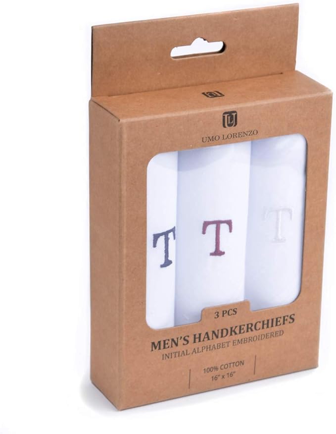 Initial Handkerchief for Men, Monogrammed Boxed 3 Piece Set,100% Cotton