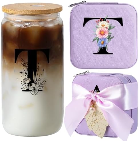 AYGXU Birthday & Special Occasion Gifts for Women & Girls - Travel & Home Glass Cup with Bamboo Lid, Straw & Initial T Purple by AYGXU