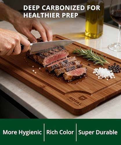 ROYAL CRAFT WOOD Wooden Cutting Boards for Kitchen Appliances - Non Toxic Bamboo Wood Cutting Board Set with Deep Juice Groove, Side Handles, Charcuterie & Butcher Block for Meat, Meal Prep & Serving - Image 5