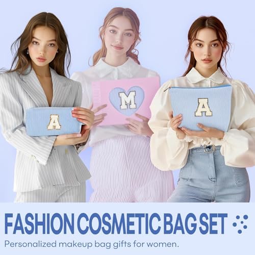 2 PCS Initial Makeup Bags for Women: Cosmetic Bag for Travel Toiletry - Birthday Gifts for 11 12 13 14 15 16 17 18 Years Old Girl Graduation Teacher Gift- Teen Girl Gifts Trendy Stuff - Blue A - Image 3