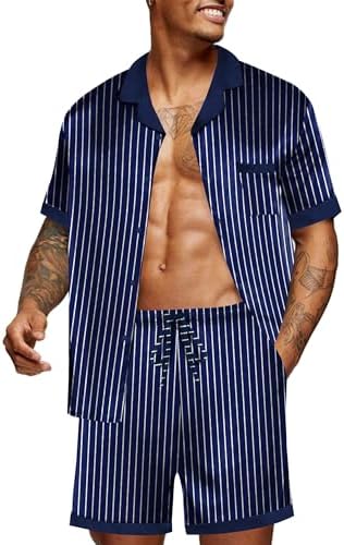 Ekouaer Men Silk Pajamas Set 2 Pieces Satin Pj Button Down Loungewear Sets by EKOUAER