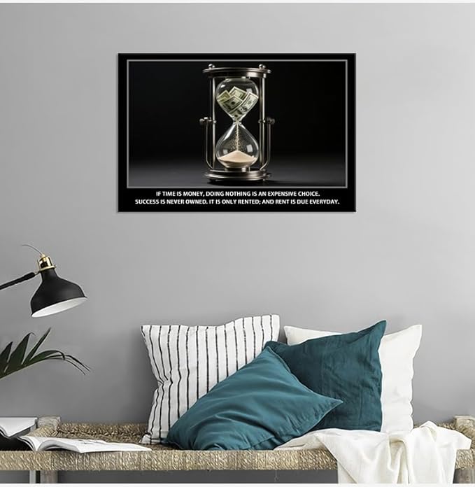 Time Is Money quote Inspirational Wall Art Cherish Motivational Wall Decor Hourglass Poster Canvas Painting Prints Wall Pictures for Home Office Gym Classroom Decor Framed Artwork [12''W x 18''H]