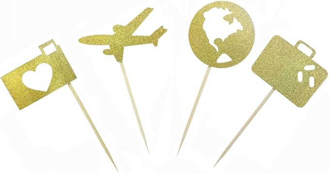 Morndew 24 PCS Airplane Heart Traveling Case Earth Cupcake Toppers for World Travel Themed Party Baby Shower Birthday Party Wedding Party Decorations