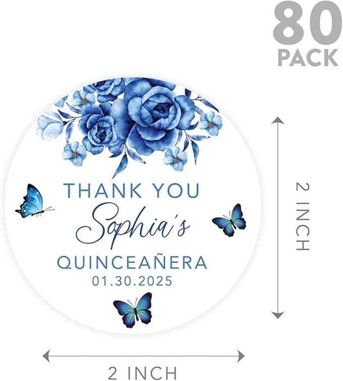 Andaz Press 40-Pack Personalized 2" Round Circle Quinceañera Labels, Blue Butterflies Custom Sticker Labels for Mis Quince Años Favors, Invitations, XV, 15th Birthday Quinceanera Decorations
