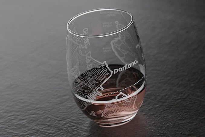 Well Told Engraved Portland Maine Map Stemless Wine Glass, Etched Glass (15 oz, Clear) City Custom Gifts for Lovers