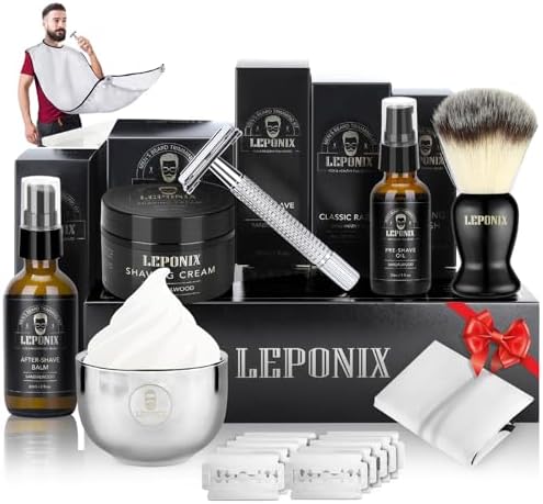 LEPONIX Shaving Kit for Men with Safety Razor Brush Bowl and Beard Bib by LEPONIX