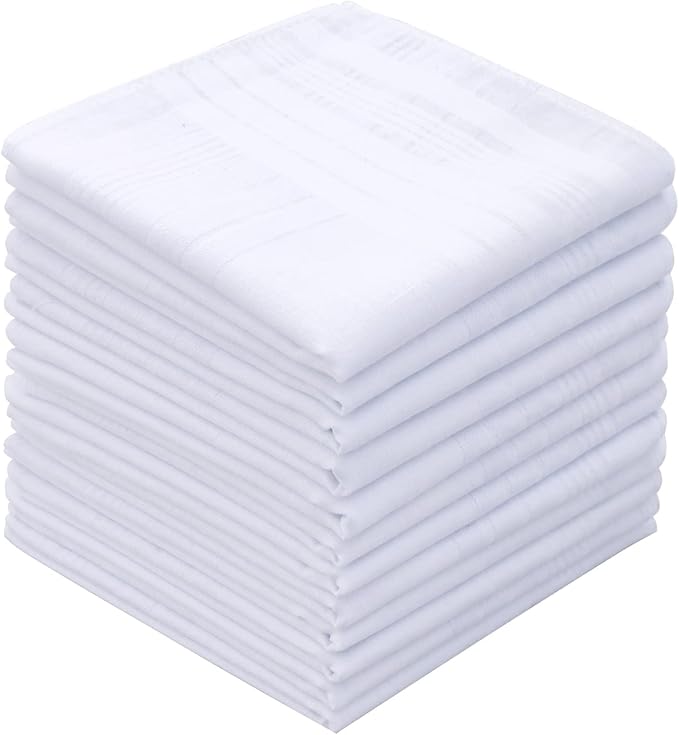GB Men's Handkerchiefs 100% Cotton Solid White with Stripe Large Classic Hankies Bulk Set