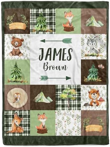 MDPrints Custom Baby Blankets for Boys, Customized Baby Boy Gifts with Name, Personalized Baby Blankets, Soft Plush Fleece (Woodland 233) by MDPrintsGlobal