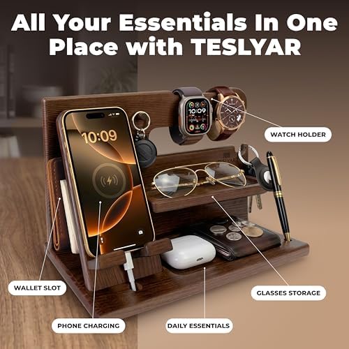 TESLYAR Wood Phone Docking Station for Men - Desk or Nightstand Organizer - Birthday Gifts for Husband, Dad - Anniversary Idea from Wife - Key Holder, Stand Wallet, Watch & Essentials (Bourbon Brown) - Image 4
