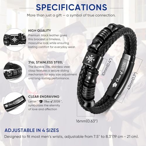 Graduation Gifts for Men Him Class of 2026 - High School College Master Leather Bracelets Adjustable Braided Leather Compass Bracelets Inspirational Graduate Gift for Men Son Boyfriend Brother Huaband - Image 4