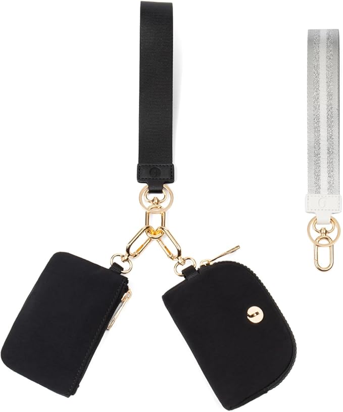 Dual Pouch Wristlet Keychain Wallet with 2 Wrist Straps - Small and Portable Mini Zipper Coin Purse Card Wallets for Women Men Gold Hardware Black+Black
