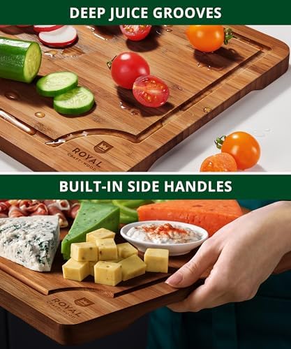 ROYAL CRAFT WOOD Wooden Cutting Boards for Kitchen Appliances - Non Toxic Bamboo Wood Cutting Board Set with Deep Juice Groove, Side Handles, Charcuterie & Butcher Block for Meat, Meal Prep & Serving - Image 4