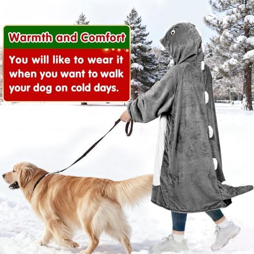 Waitu Dinosaur Wearable Blanket Hoodie Funny Halloween Costumes Gifts for Women Men Boys Girls, Zipper Hoodie Blanket Sweatshirt Cozy Unisex Flannel Dinosaur Costume Cute Gifts (Adult, Gray) - Image 6