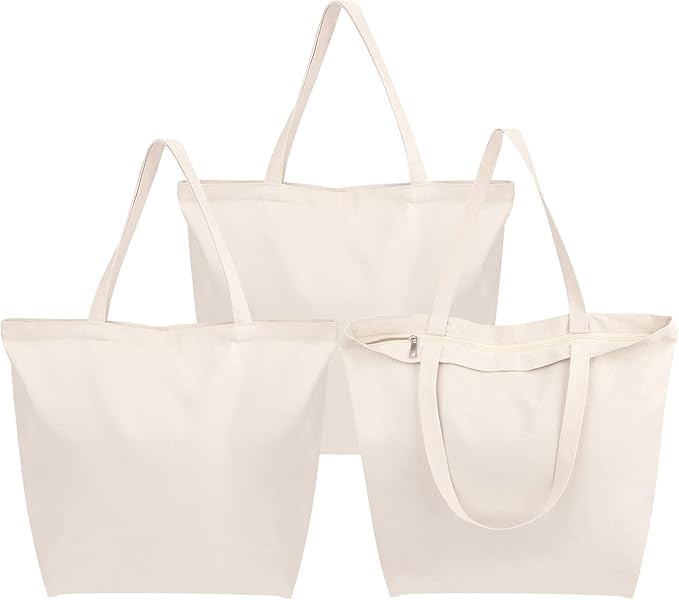 Segarty Canvas Tote Bag with Zipper, 3 Pack 18x15 Blank Canvas Bags for Women, Reusable Tote Bags Aesthetic with Natural Cotton Cloth Shoulder Strap, Bulk for DIY Grocery Beach Travel Gift