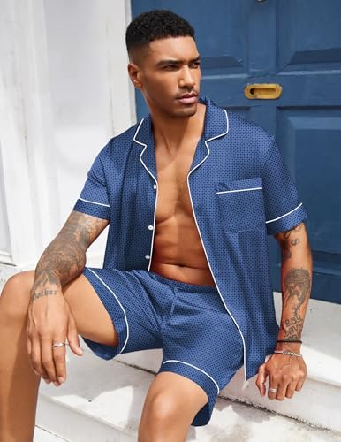 Ekouaer Mens Silk Satin Pajamas Set Short Sleeve Button Up Lounge Pjs Set - Image 5