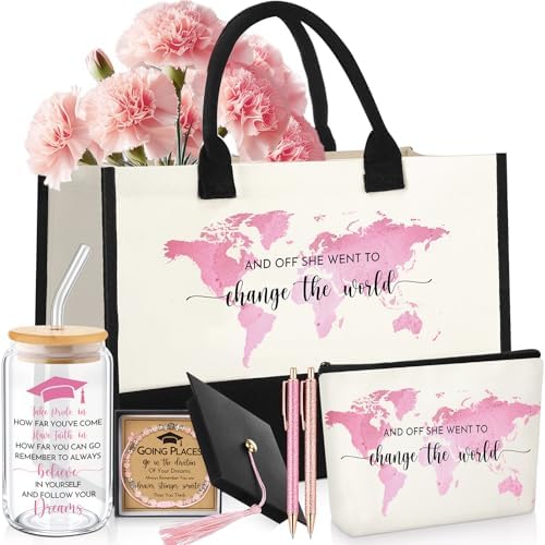 Vesici 8 Pcs Graduation Gifts Set for Women Her 2026 with Tote Bag Makeup Bag Bracelet Box Glass Cup Pens Class of 2026 Congratulations Graduate Gift Basket for College Senior Nurse(Pink) by Vesici