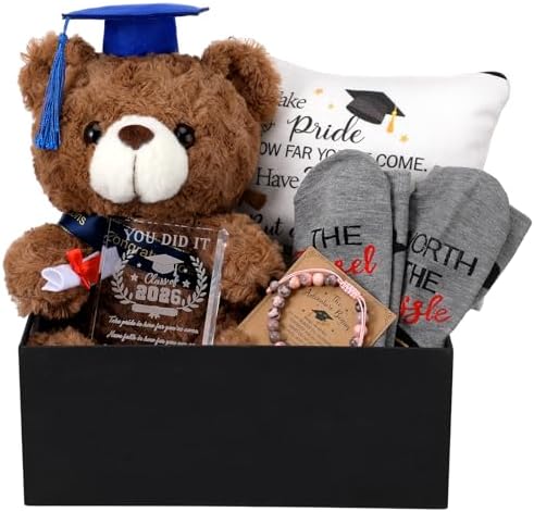 Baderke Graduation Gift Set for Her 2026 Meaningful Congrats Grad Gifts with Compass Bracelet, Memory Bear, Keepsake Plaque, Socks and Makeup Bag for High School or College Graduate(White) by Baderke