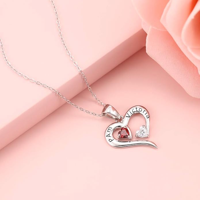 Sterling Silver Personalized 2 Names Necklace with 2 Heart Simulated Birthstone Couple Pendant Necklace for Women