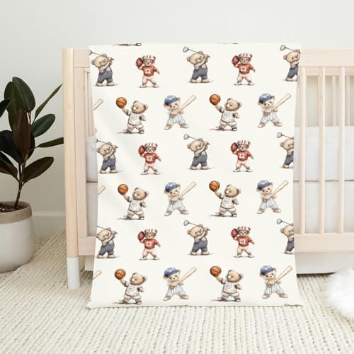 Cute Sport Bears Golf Baseball Basketball Baby Boy Girl Blankets Sports Lover Gift White Flannel Fluffy Blanket for Baby Breathable Toddler Blanket for Crib Stroller Bed Travel White 30x40inch - Image 2