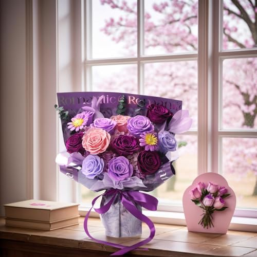 Lovenfold Flowers for Delivery Birthday Flowers Gift for Her,Preserved Flowers Bouquet 12 Roses Mixed Bouquet,Rose Gifts for Women Mom Grandma(Mixed 12 Lilac Roses) - Image 7