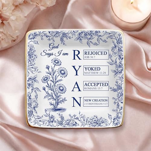 Personalized God Says I Am Toile De Jouy - Name Letter In Bible Verse Jewelry Dish - Custom Birth Flower Jewelry Dish - Christian Gift - Religious Affirmations Gifts - Image 3