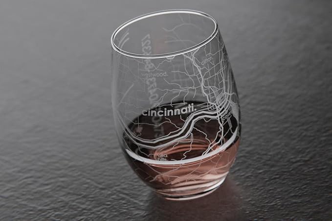 Well Told Engraved Cincinnati Ohio Map Stemless Wine Glass, Etched Glass (15 oz, Clear) City Custom Gifts for Lovers