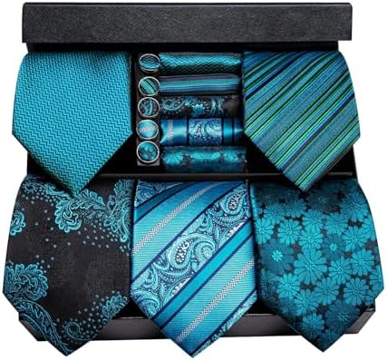 Hi-Tie Lot 5 Pcs Gift Box Mens Tie Set Necktie with Pocket Square Cufflinks Silk Neck Tie Collection by Hi-Tie