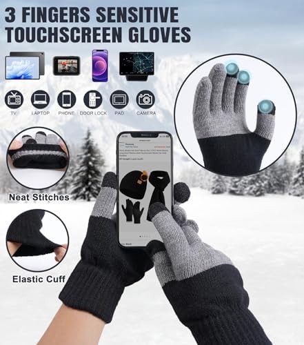 floconssy Men's Winter Hat Scarf Gloves Set of 3, Knit Thermal Combo Gifts - Image 3