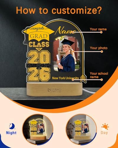 Personalized Graduation Gifts Custom Photo Name Night Light Gold and Black LED Table Lamp for 2026 University High School Senior Keepsake(Cap) - Image 2
