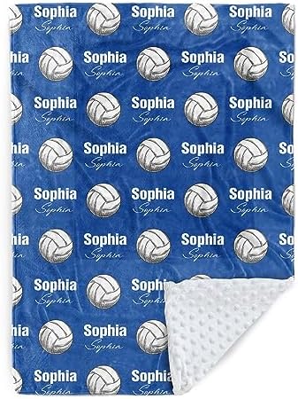 Custom Volleyball Blanket - Personalized Name with Volleyball Patterns - Soft Plush Flannel Blanket with Double Layer Dotted Backing for Baby Toddler Kids Teen Boys Girls Gifts Blue by Duckbe
