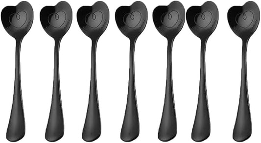 7 Pcs Stainless Steel Heart-Shaped Spoons - Cute Dessert, Ice Cream & Tea Spoons - Perfect Love Gifts (Black)