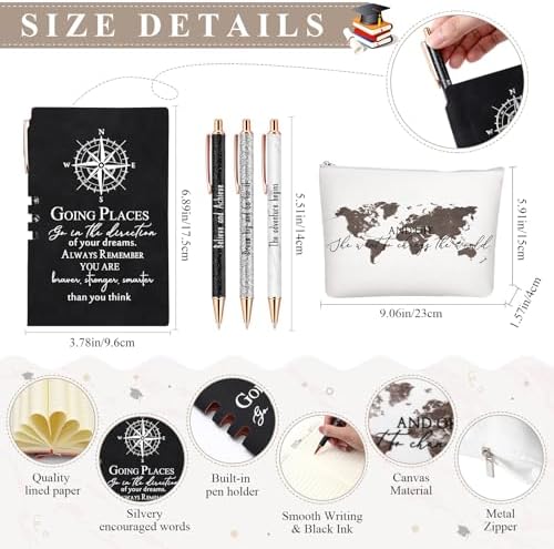 Domensi 6 Pcs Class of 2026 Graduation Gift for Her 16oz Glass Cup Makeup Bag Compass Journal Ballpoint Pens Inspirational Graduation Gift Set for College High School Daughter Sister Friend(Black) - Image 3