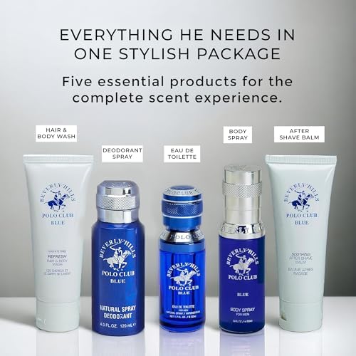 Beverly Hills Polo Club BHPC Cologne 5 Piece Gift Set for Men | Eau de Toillete, Deodorant, Shower Gel, Body Wash, Body Spray Fragrances (Blue) - Image 4