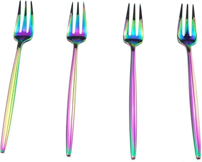 Gugrida 4-Piece Cake Fork 18/10 Stainless Steel Luxury Mirror Polished Rainbow Colorful Pie Fork Dessert Fork Silverware Flatware Cutlery