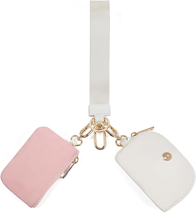 Dual Pouch Wristlet Keychain Wallets for Women with 2 Detachable Zipper Coin Purse - Small and Portable Mini Card Wallet for Women Men Gold Hardware Pink+Ivory