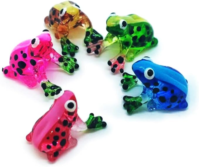 WitnyStore Tiny ¾ Inch Multicolor Black Dotted Frog Figurine 5 Colors Set - Miniature Hand Blown Glass Poison Frogs Amphibian Animals Colorful Small Crystal Decorative Collectible Figures Décor Gifts