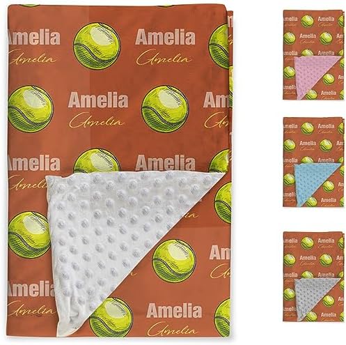 Custom Tennis Blanket - Personalized Name with Tennis Patterns - Soft Plush Flannel Blanket with Double Layer Dotted Backing for Baby Toddler Kids Teen Boys Girls Gifts Orange - Image 2