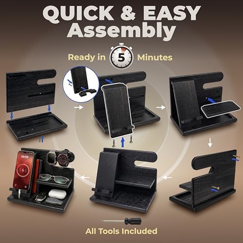 TESLYAR Wood Phone Docking Station for Men - Desktop or Nightstand Organizer - Birthday Gifts for Men, Dad - Anniversary Idea from Wife - Key Holder, Stand Wallet, Watch & Essentials (Granite Black) - Image 6
