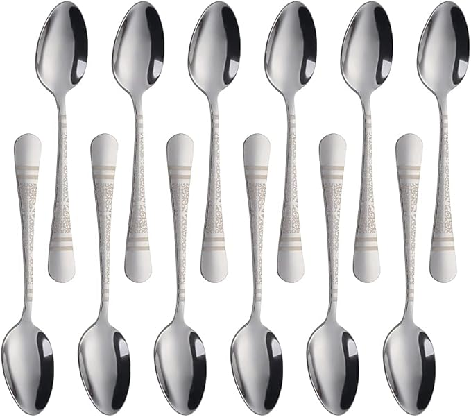 Silver Unique Pattern Design Coffee Espresso Spoons Mini, Mingcheng Stainless Steel Small Teaspoons Silverware Set of 12, BISDARUN 5.5 Inches Food Spoons for Demitasse Dessert Tea