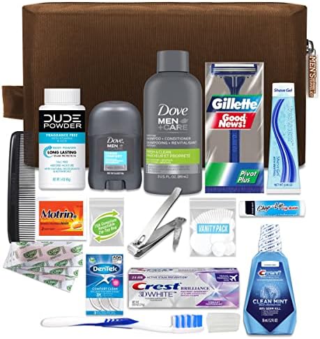 Convenience Kits International Men’s Premium 20-Piece Kit with Travel Size TSA Compliant Essentials, Featuring: Dove Men & Care Products in Brown Dopp Bag by ConvenienceKitsInternational