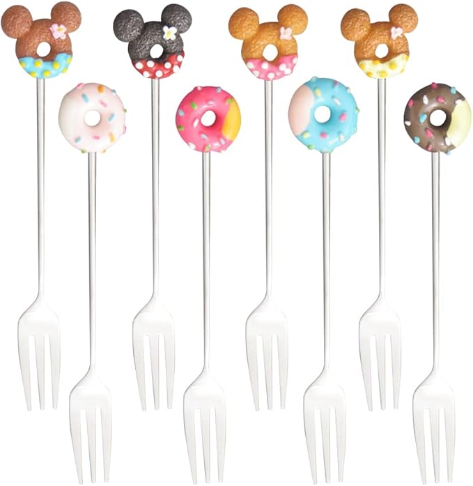 8 Pcs Stainless Steel Drink Fork Set Donut Silver Forks Cutlery Set for Cake,Ice Cream,appetizers,Salad,Dessert.Donut Shape Fruits Forks